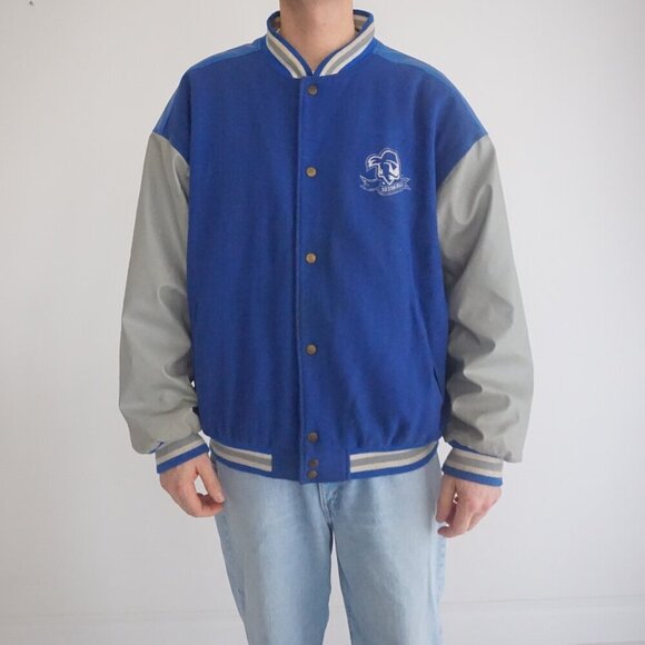 Steve & Berry's Seton Hall Pirates Blue Gray Wool Blend Button Up Varsity Jacket - Picture 2 of 14
